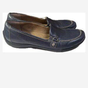 Array Leather Loafers Shoe Women Size 10M Navy Stitching & Flower Detail 1" Heel